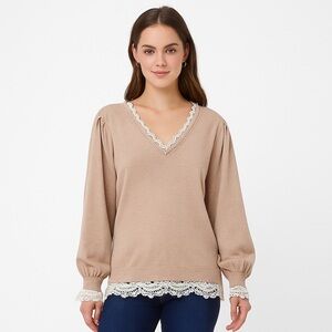 Adrianna Papell Beige Knit Sweater White Lace Trim Size M